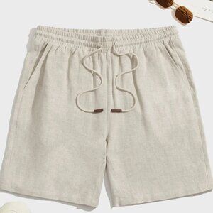 Loose Fit Men's Drawstring Waist Shorts Dress Linen Cool Plain Khaki
